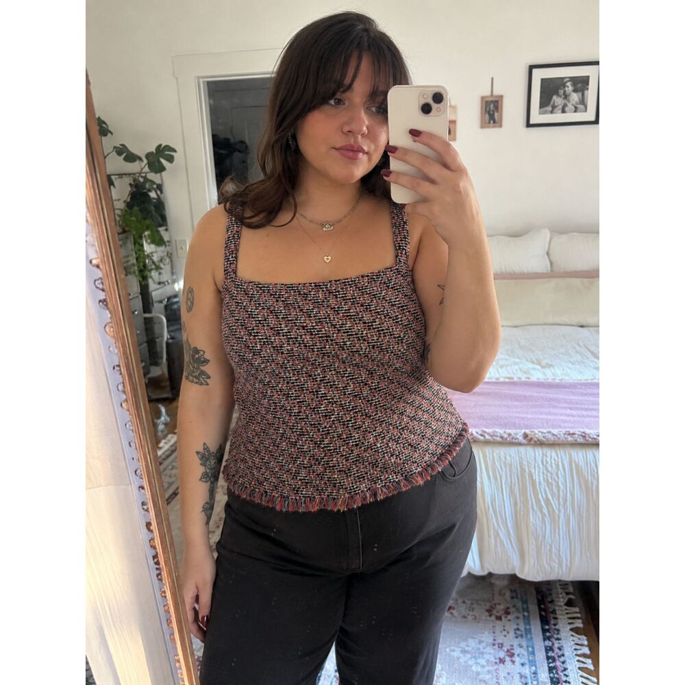 Vintage Silk Chic Multicolor Tweed Women's Cropped Fringe Woven Top